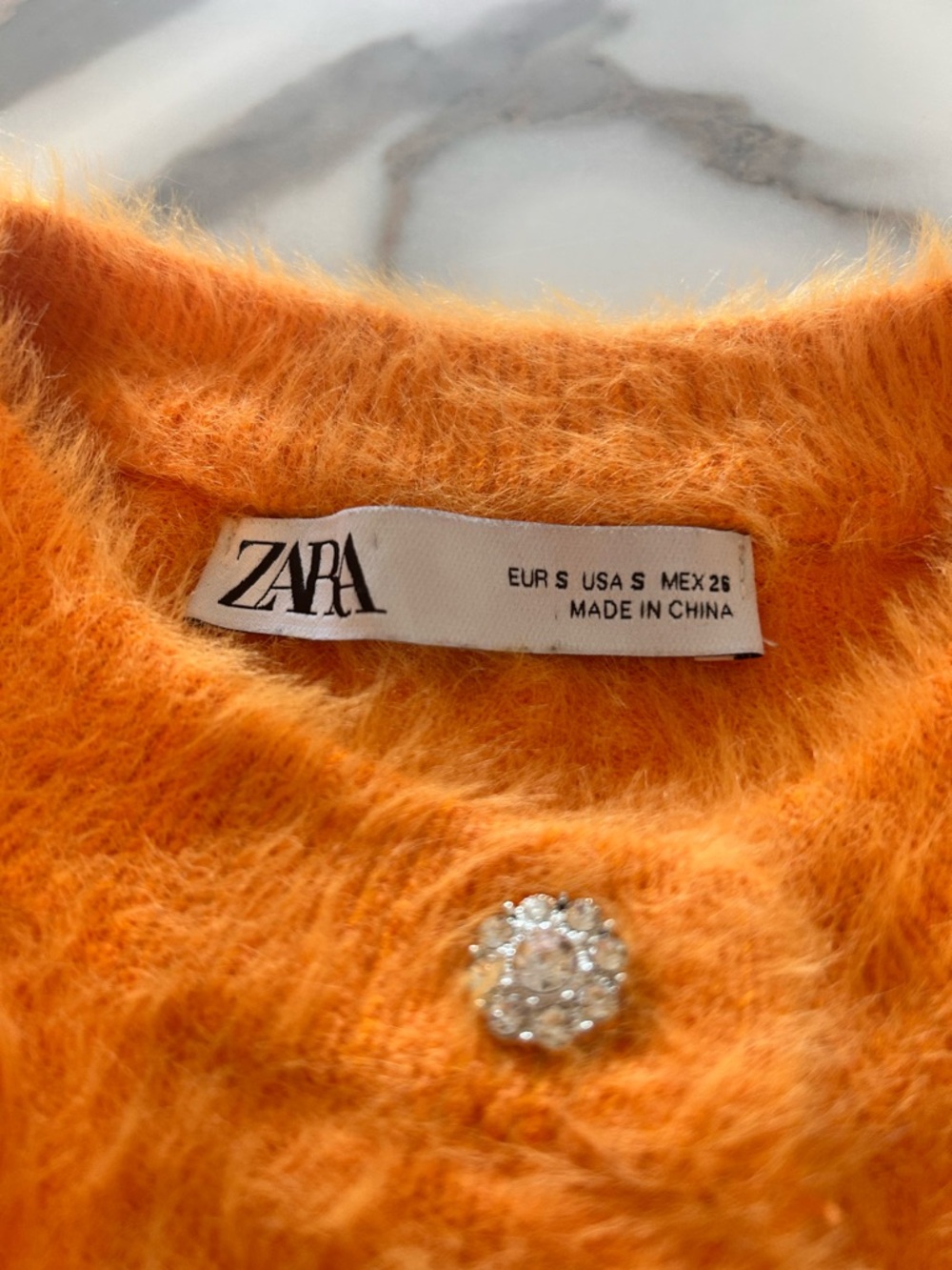 Zara Bright Orange Fuzzy Knit Cardigan with Crystal Button